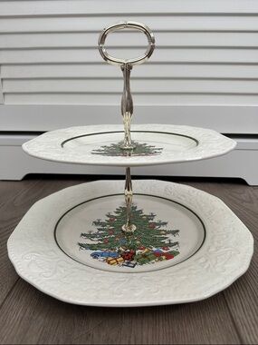VTG Cuthbertson Dickens Christmas Tree Square Embossed 2 Tier Tidbit Desert Tray